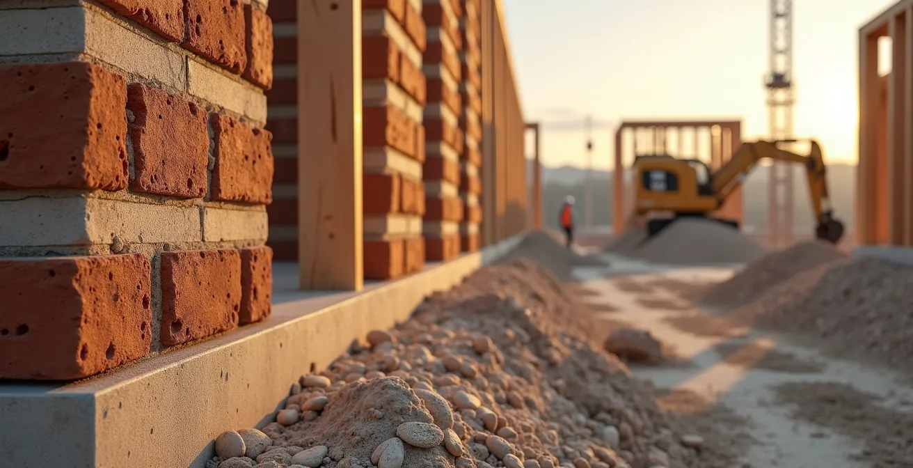 Vue comparative de deux chantiers : construction terre crue et ossature bois