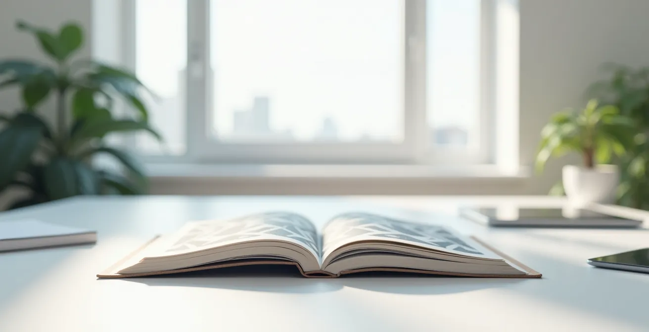 Espace de travail minimaliste avec livre ouvert et tablette côte à côté