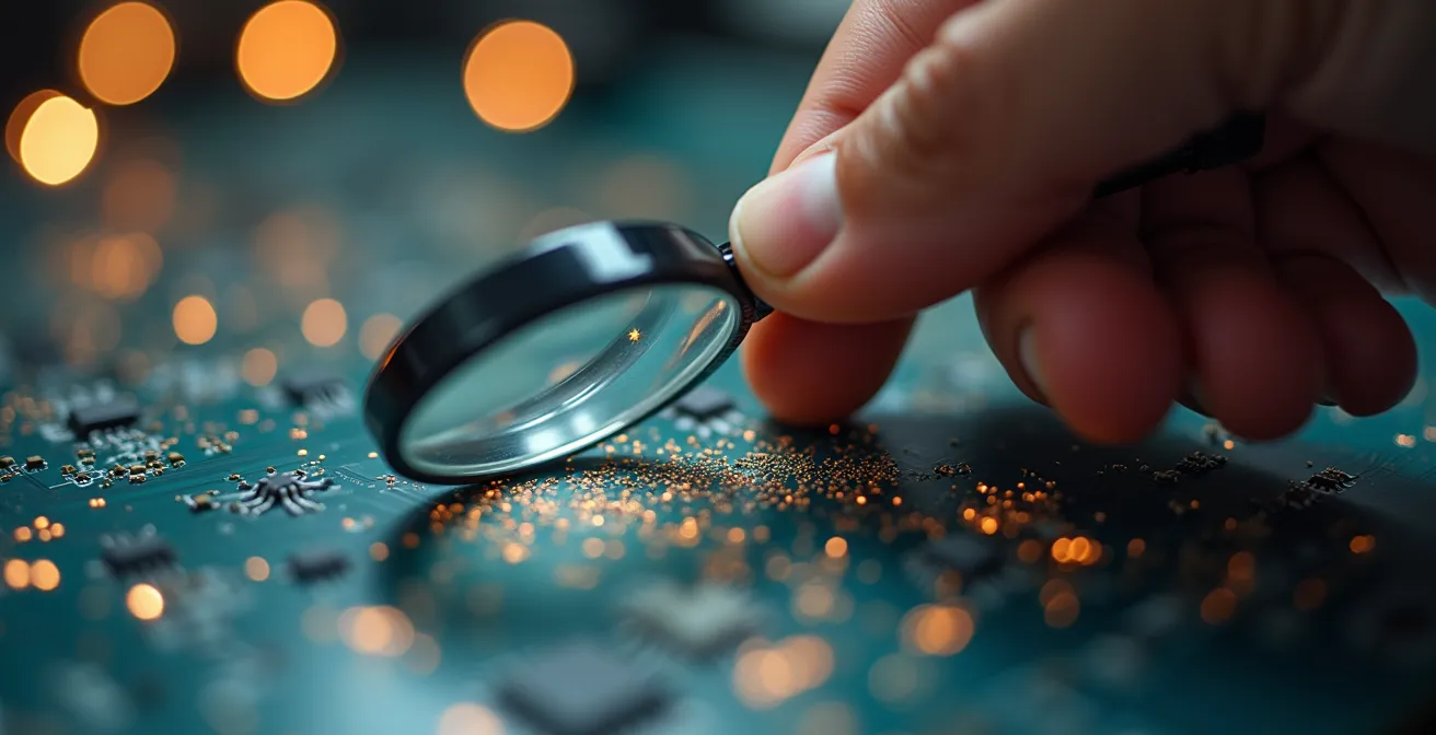 Main tenant une loupe examinant un circuit imprimé complexe