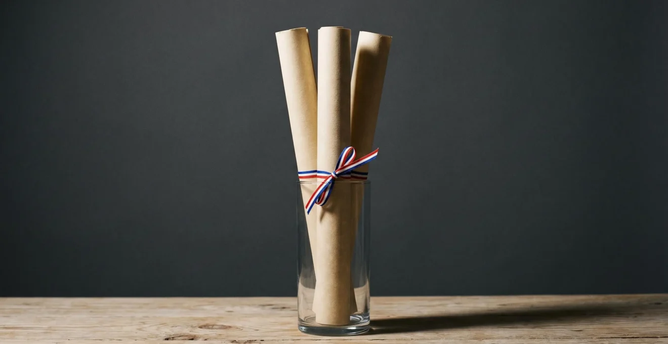Nature morte minimaliste montrant trois diplômes enroulés en parchemin beige liés par un ruban tricolore français, disposés verticalement dans un vase cylindrique en verre transparent sur une surface en bois clair. Arrière-plan gris anthracite, éclairage latéral créant ombre portée nette.